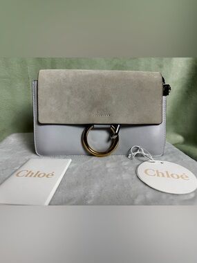 NWT Chloé Small Faye Shoulder Bag in Suede & Calfskin - Cloudy Blue/Motty Grey